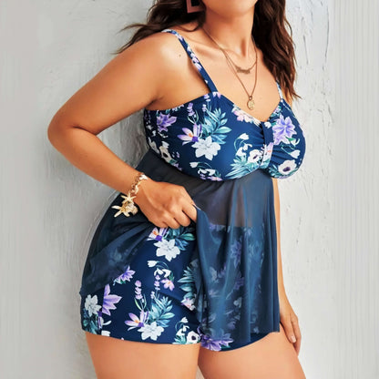 Navy Blue Floral Plus Size 2 Piece Swimsuit