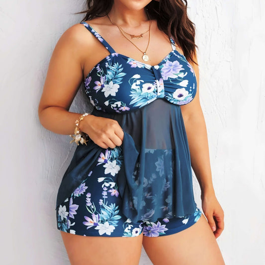 Navy Blue Floral Plus Size 2 Piece Swimsuit