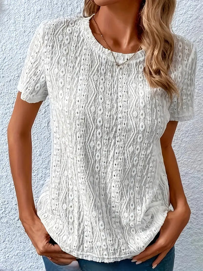 Plain Eyelet Embroidered Crewneck T-Shirt