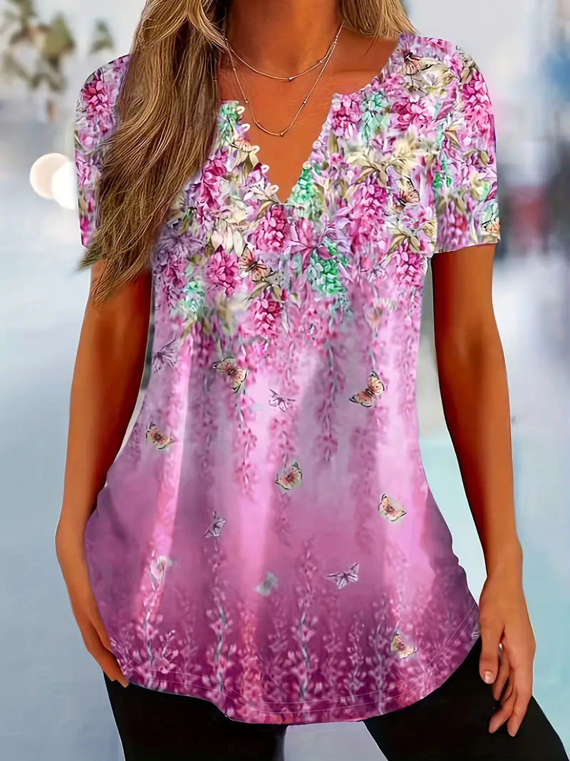 Butterfly Floral Henley Neckline Blouse