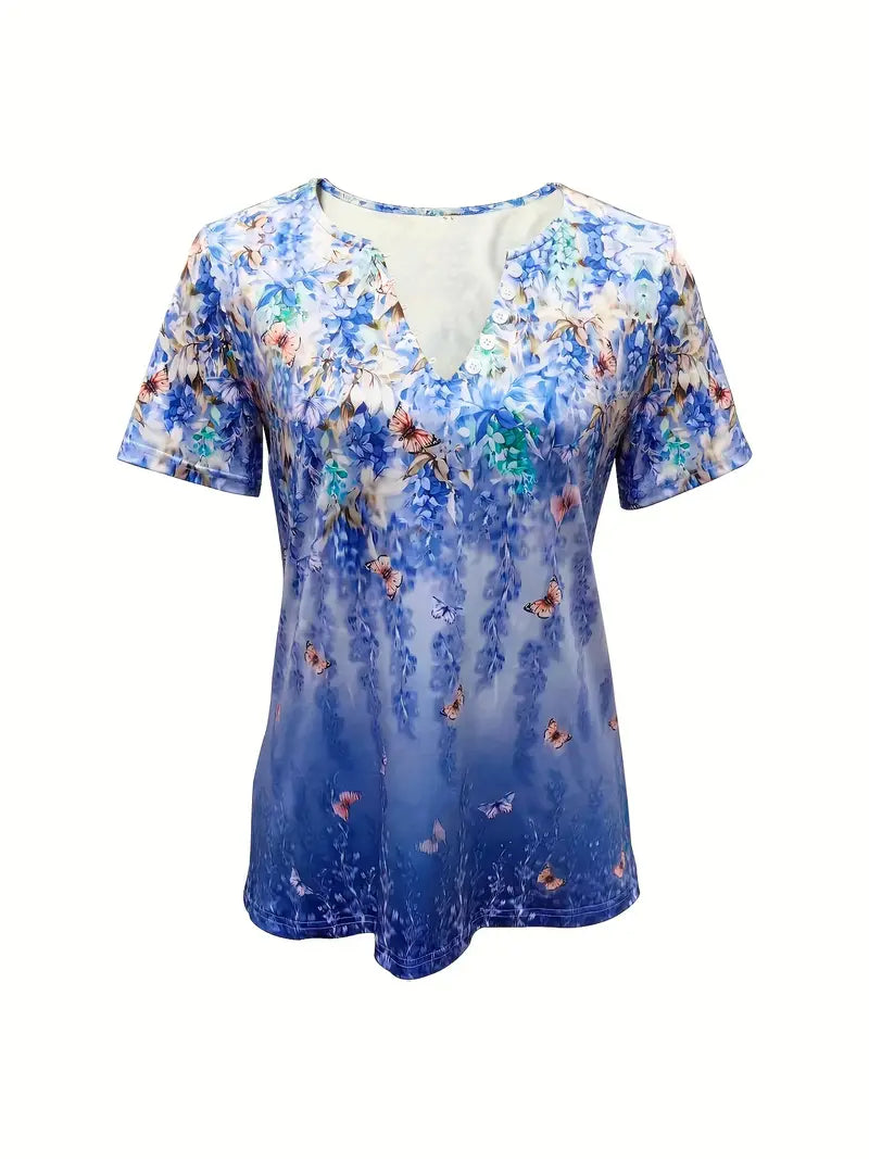 Butterfly Floral Henley Neckline Blouse