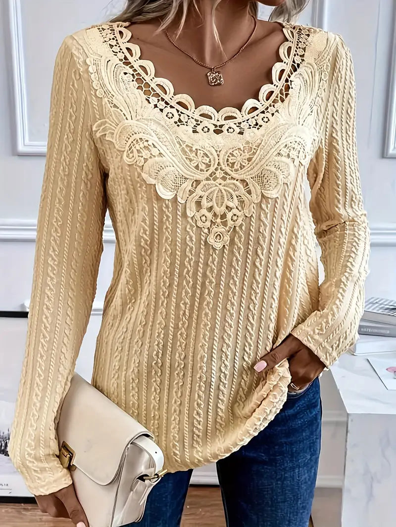 Chantilly Lace Neckline Cable Knit Blouse