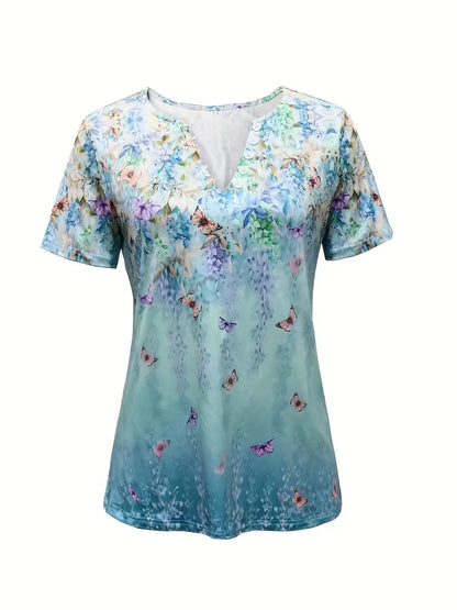 Butterfly Floral Henley Neckline Blouse