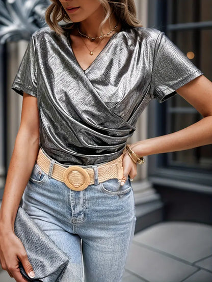 Metallic Grey Ruched Surplice Blouse