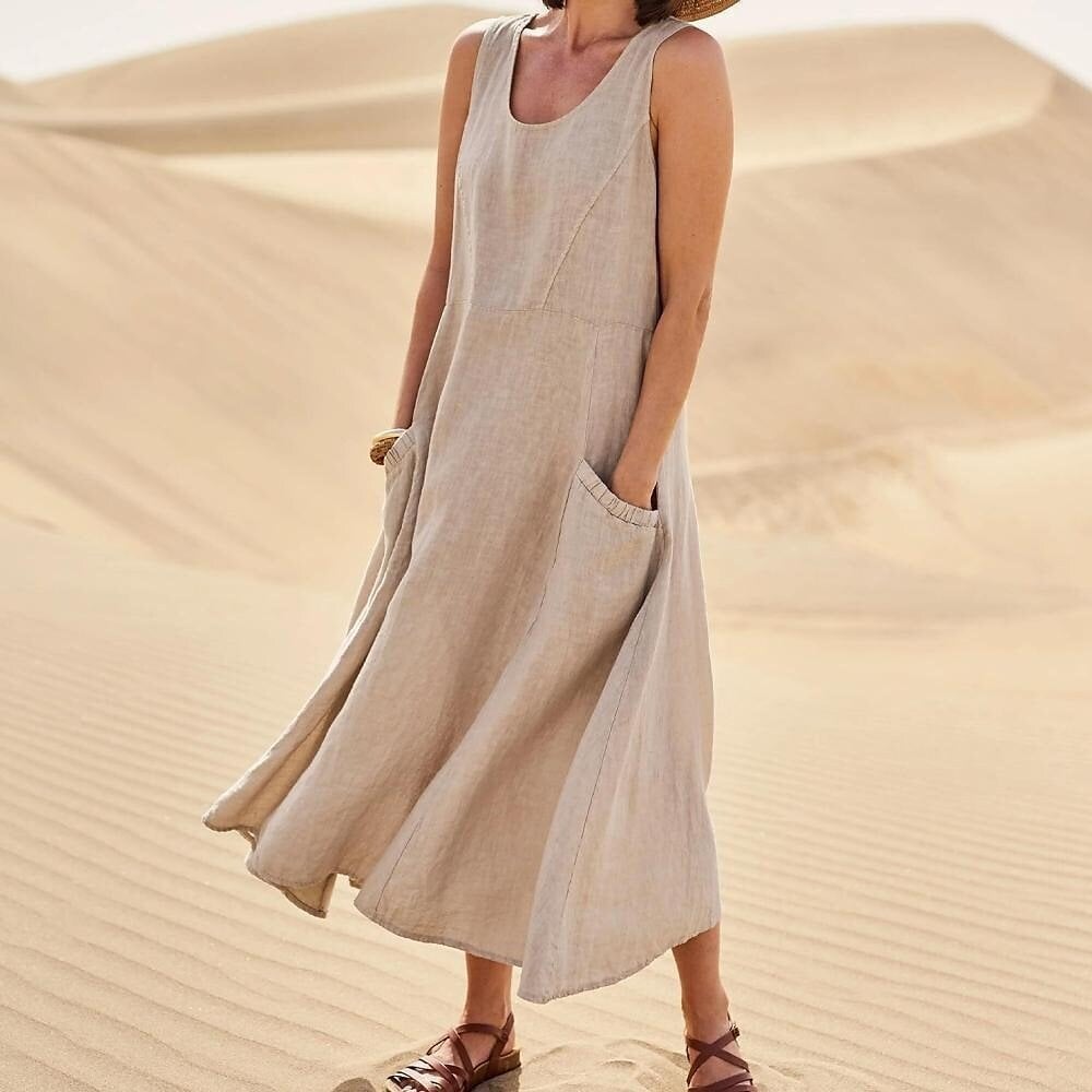 Women's Sleeveless Cotton And Linen Dress