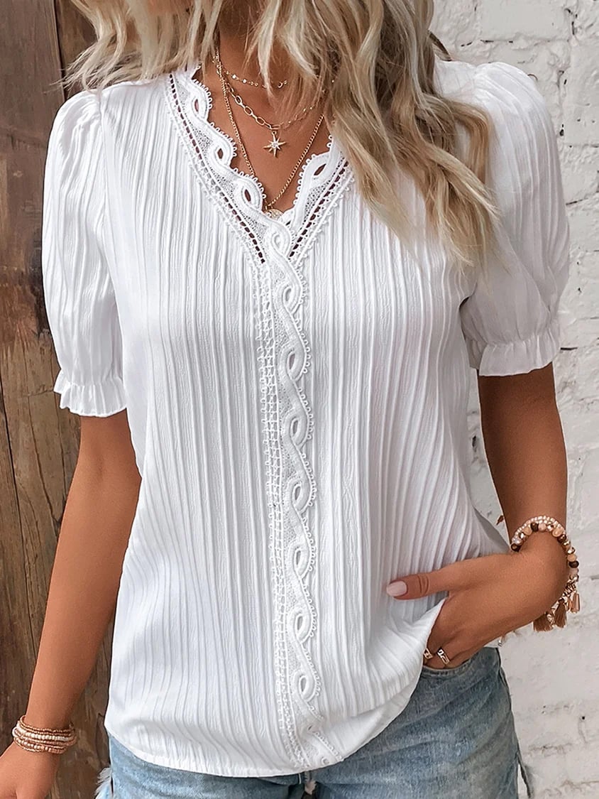 Vertical Pleated Puffed Short Sleeve Blouse