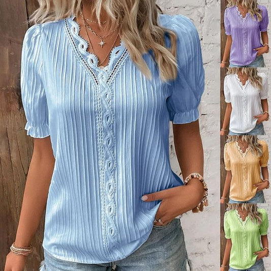 Vertical Pleated Puffed Short Sleeve Blouse