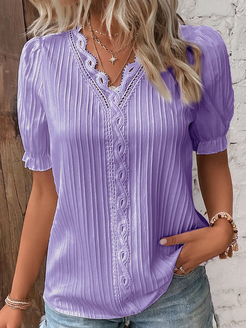 Vertical Pleated Puffed Short Sleeve Blouse