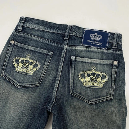 Crown Embroidery Pockets Jeans
