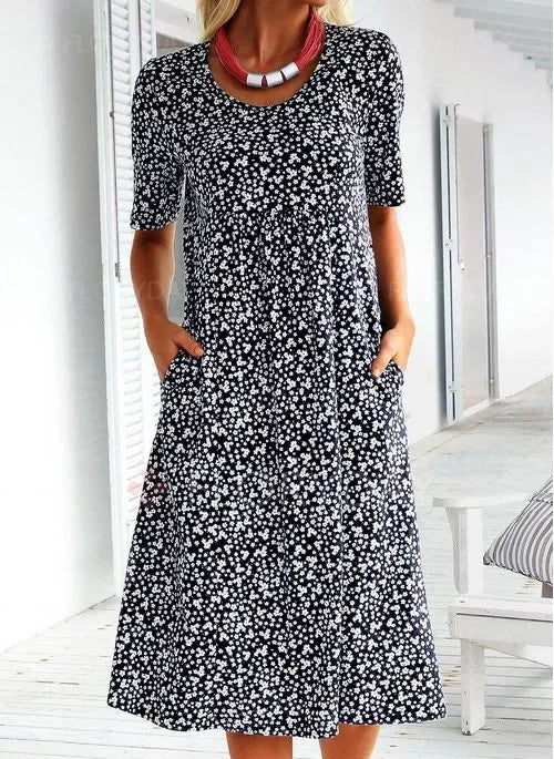 Casual Scoop Neck Floral Dress With Pockets