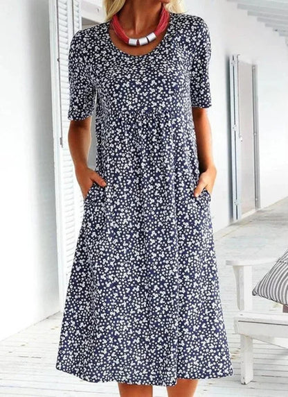 Casual Scoop Neck Floral Dress With Pockets