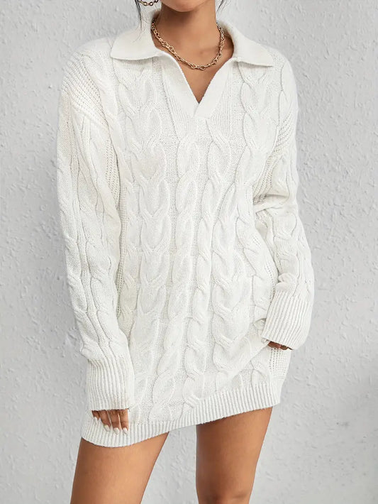 Collar Neck Cable Knit Sweater Dress