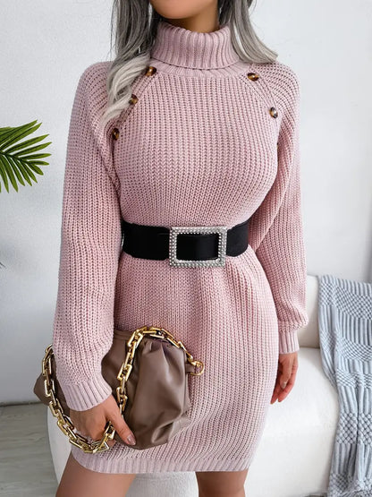 Turtleneck Bodycon Button Slim Sweater Dress