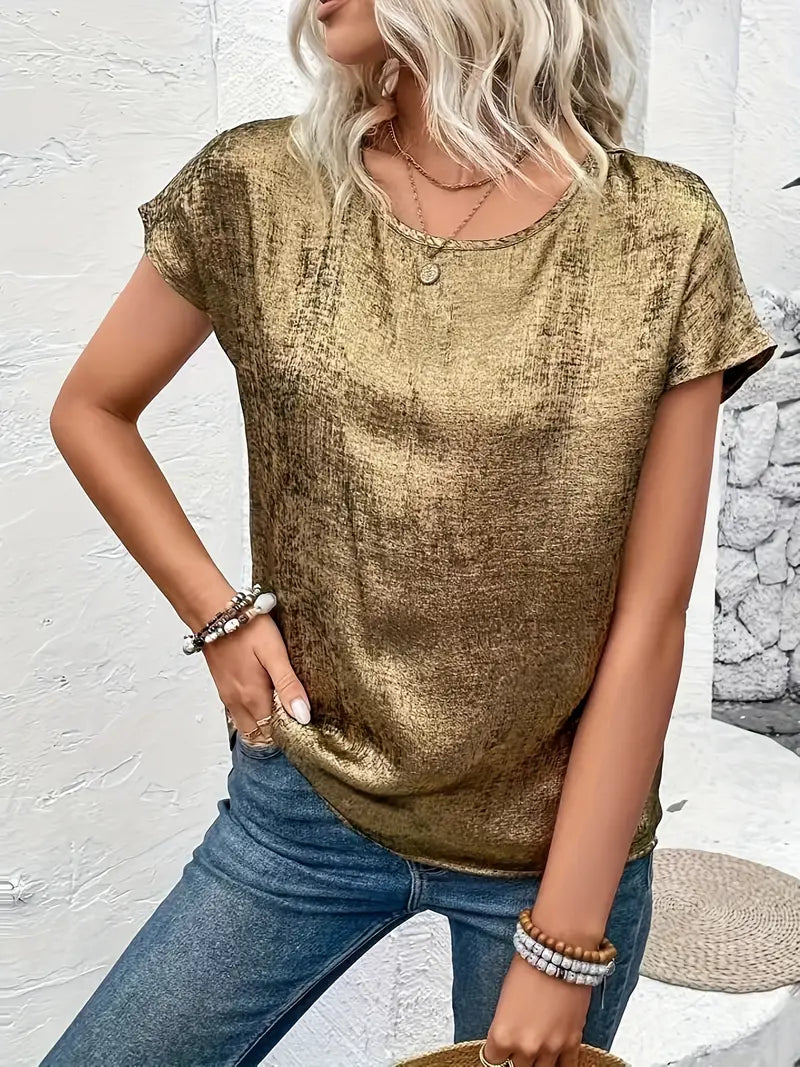 Metallic Golden Brown Crewneck Blouse