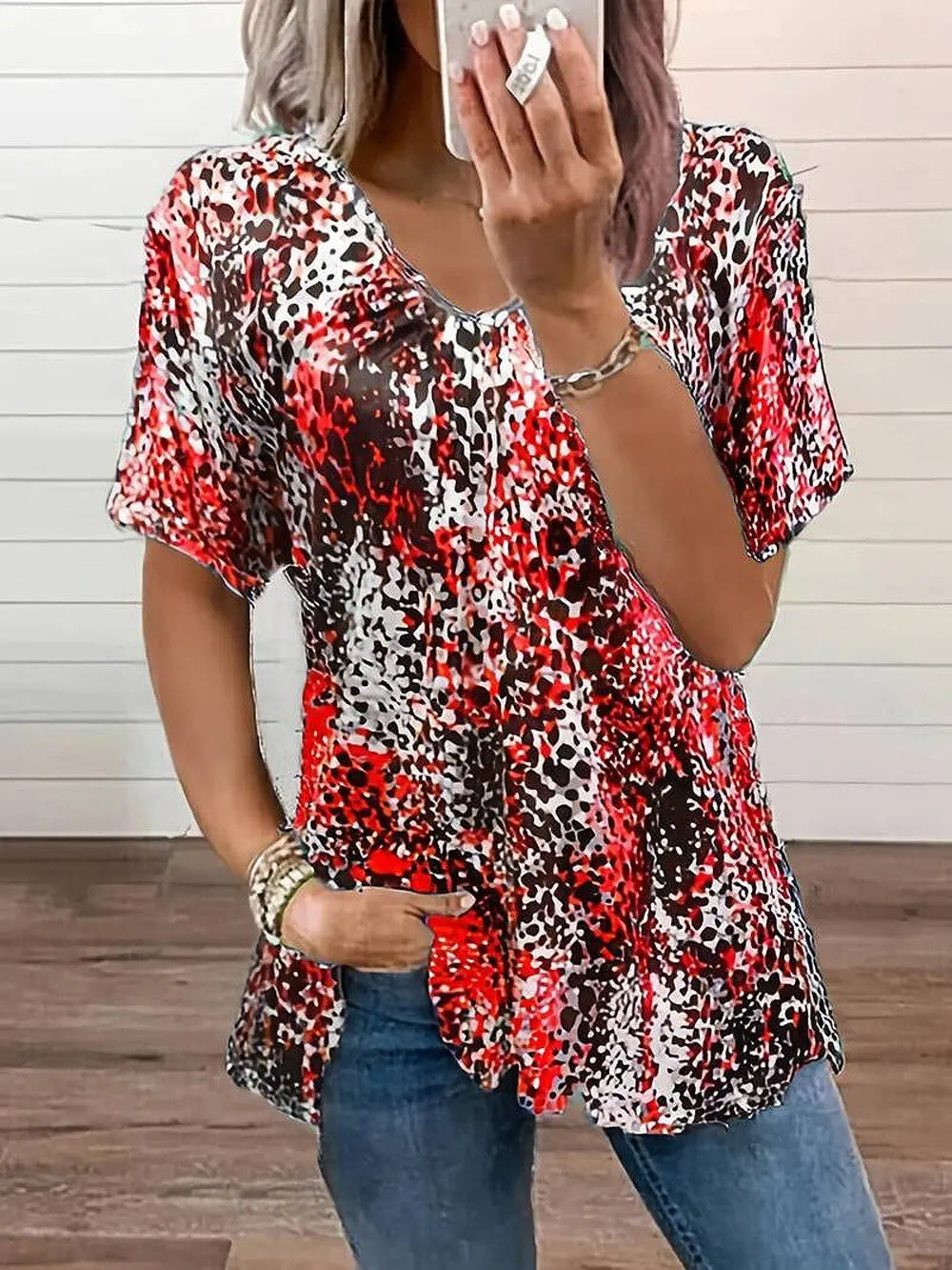 Animal Dotted Splash Short Sleeve Loose Blouse