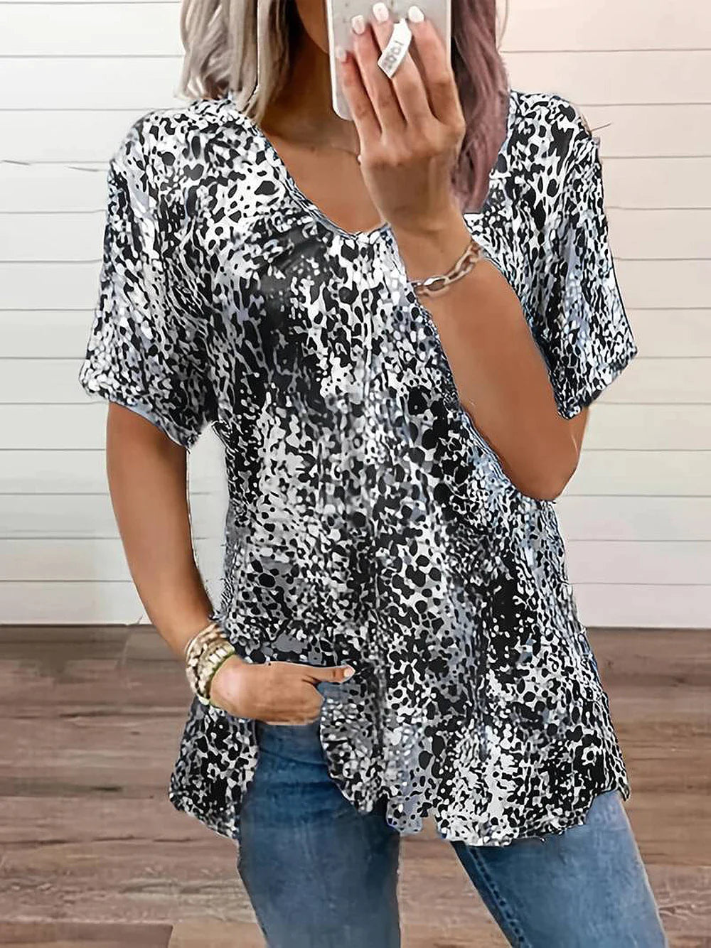 Animal Dotted Splash Short Sleeve Loose Blouse