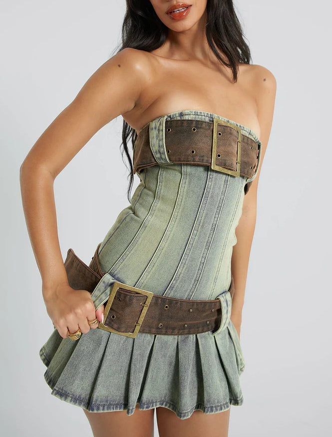 Buckle Belt Strapless Denim Mini Dress