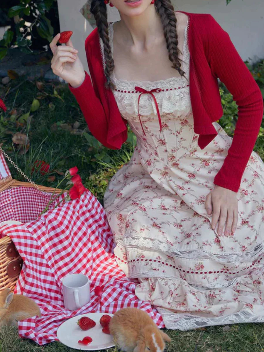 Red Garnet Corset Dress & Cardigan Set