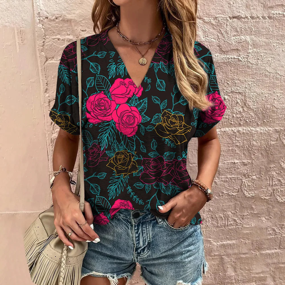 Abstract Floral Motif V-neck Blouse