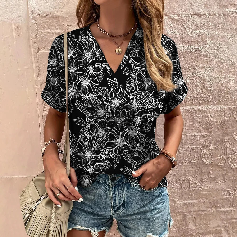 Abstract Floral Motif V-neck Blouse