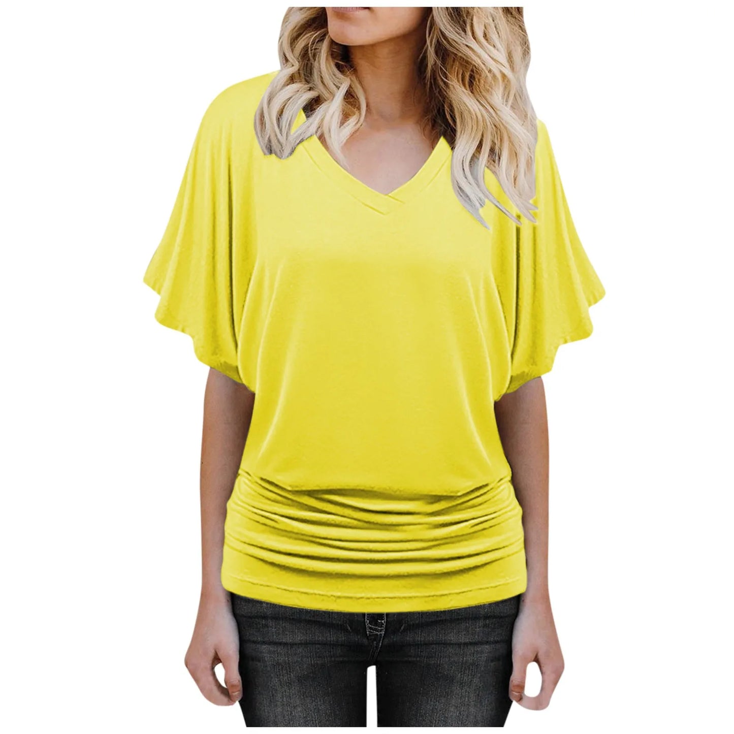 Solid Flutter Flair Sleeve V-neck Loose Blouse