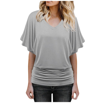 Solid Flutter Flair Sleeve V-neck Loose Blouse