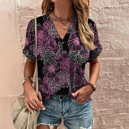 Abstract Floral Motif V-neck Blouse