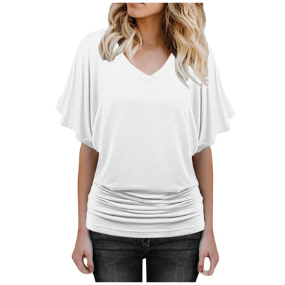 Solid Flutter Flair Sleeve V-neck Loose Blouse