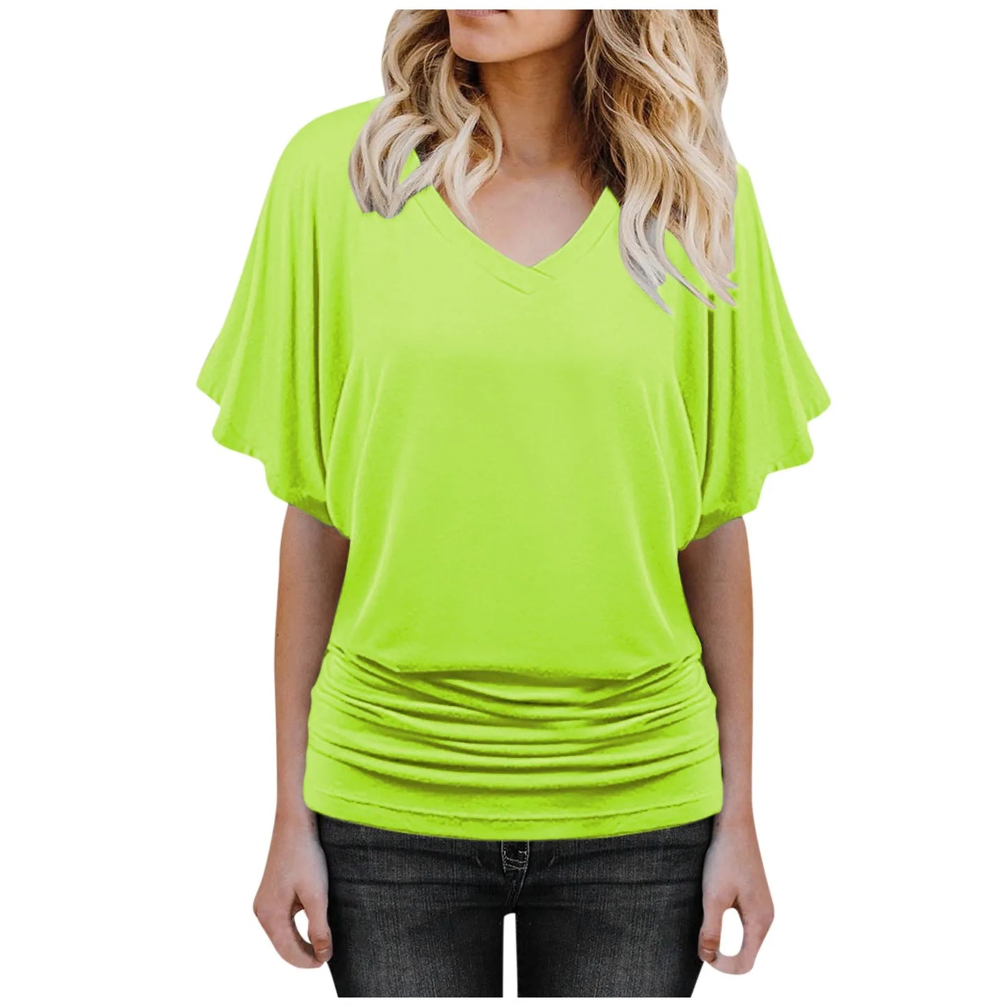 Solid Flutter Flair Sleeve V-neck Loose Blouse