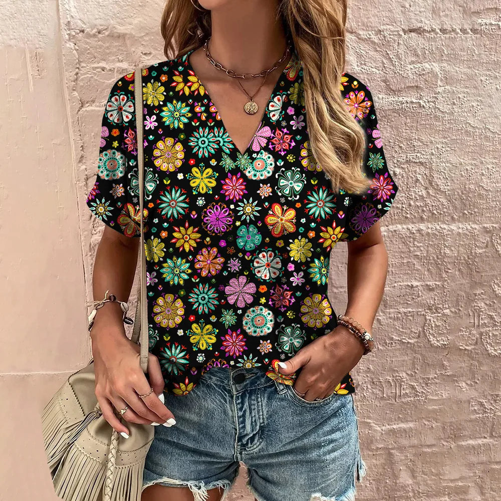 Abstract Floral Motif V-neck Blouse