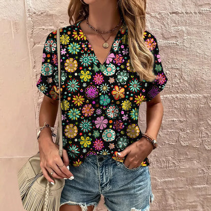 Abstract Floral Motif V-neck Blouse