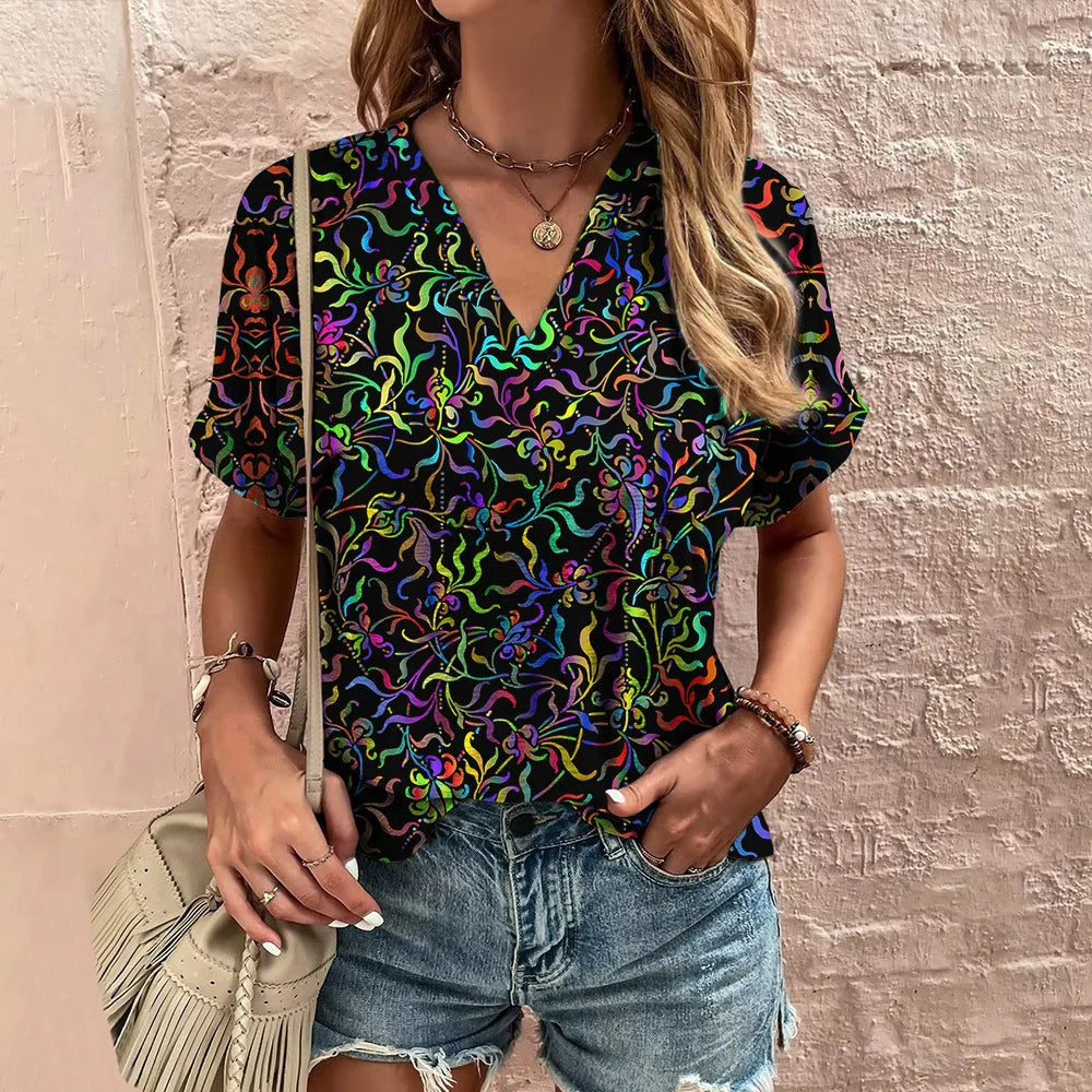 Abstract Floral Motif V-neck Blouse