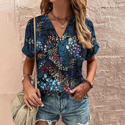 Abstract Floral Motif V-neck Blouse