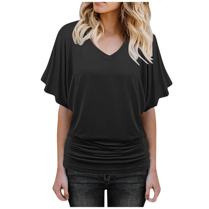 Solid Flutter Flair Sleeve V-neck Loose Blouse