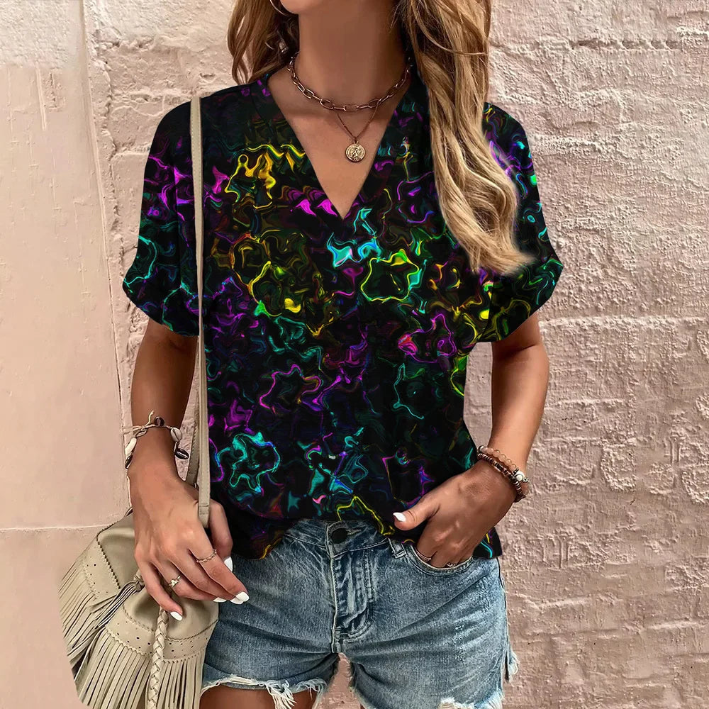 Abstract Floral Motif V-neck Blouse