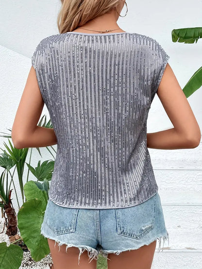 Sequins Cap Sleeve Round Neck Shirt