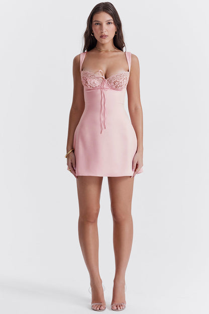 'Adriana' Mini-robe rose en satin et dentelle