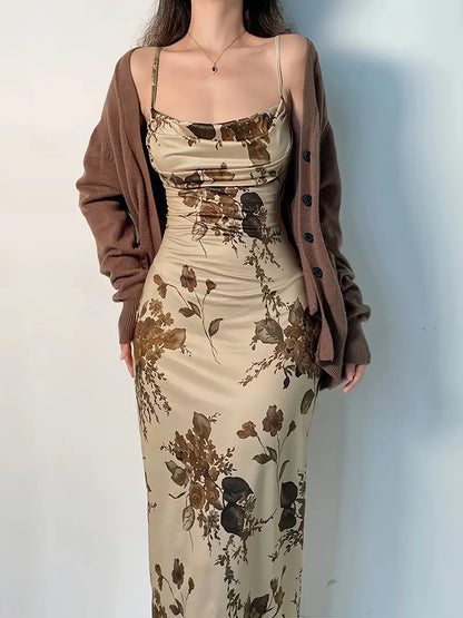 Vintage Floral Print Maxi Dress