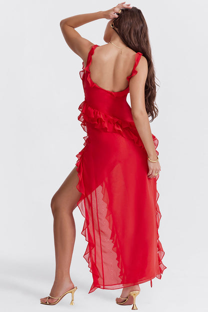 Robe longue à volants cerise Ariela